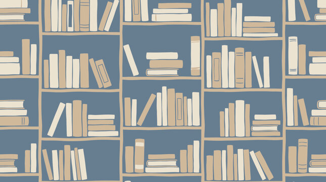 Seamless pattern illustration of stylized hand drawn books arranged on bookshelves with a muted blue background, illustrating educational literature collection, representing academic knowledge