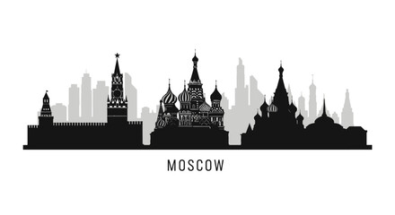 Fototapeta premium Moscow skyline silhouette, black cityscape icon, famous building illustration