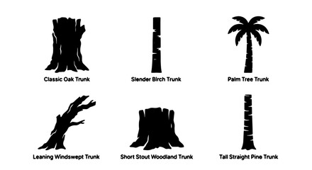 Diverse Tree Trunk Silhouettes: Classic Oak, Slender Birch, Palm, Wind-swept, Woodland, Pine - Vector Icons Set © Amaan