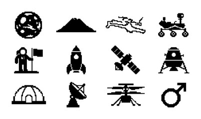 Space Exploration Icons Set: Astronaut, Rocket, Satellite, Mars Rover, Lunar Lander, Planet, Telescope, Dome Tent, Mars Symbol, Mountain Silhouette, Helicopter, Humanoid Figure © PixelArtBox