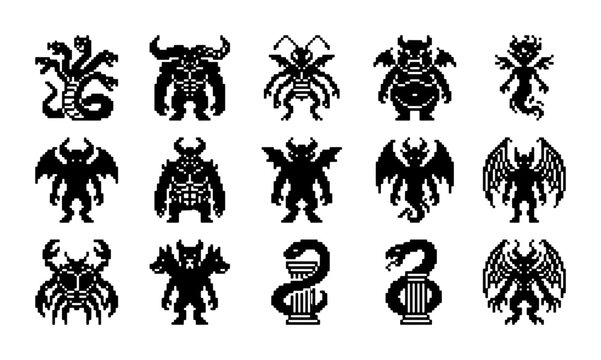 Mythological Creatures Vector Icons Set, Fantasy Monsters and Beasts Silhouette Collection, Dark Fantasy Characters Graphic Elements, Ancient Legends Icons
