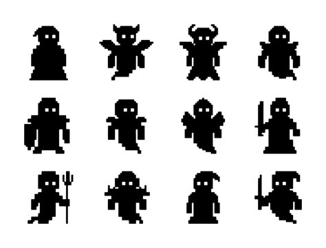 Pixel Art Halloween Icons Set, Spooky Ghost and Monster Silhouettes, Retro Game Characters, Vector Graphics for Festive Design