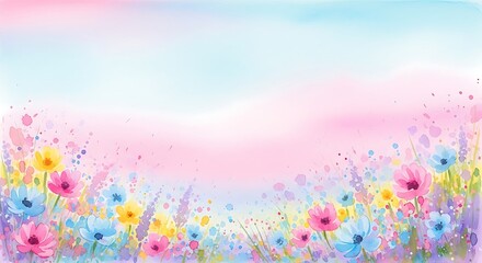 Obraz premium Dreamy pastel watercolor landscape background with colorful floral field