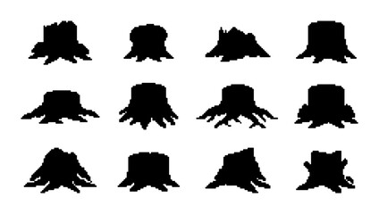 Set of 12 Black Silhouette Tree Stumps, Diverse Root Systems, Vector Graphics for Nature and Forestry Concepts © PixelArtBox