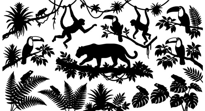 Jungle Silhouette Vector Pack: Monkeys, Jaguar, Toucans, Frogs, Tropical Plants, Vines, and Ferns for Wildlife and Nature Designs