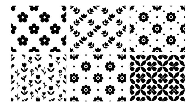 Six Black and White Floral and Geometric Seamless Patterns, Vector Graphics, Minimalist Botanical Designs for Textiles and Packaging