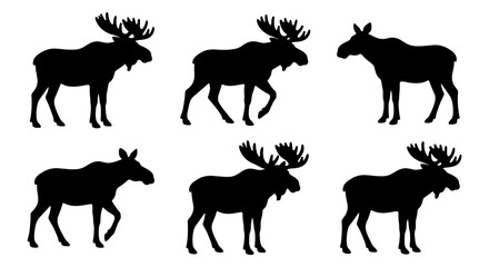 Fototapeta premium Six Black Moose Silhouettes, Wildlife Animal Icons, Forest Creature Vector Graphics, Nature Mammal Illustrations for Design