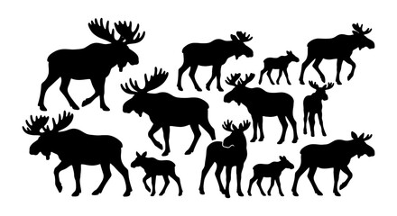 Fototapeta premium Silhouette Moose Herd Vector Collection, Wildlife Animal Silhouettes, Forest Fauna Group, Nature Scene Elements, Black and White Graphic