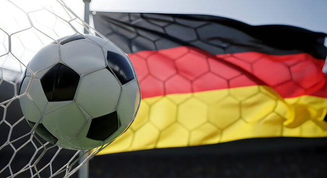 Soccer ball passing through the goal net with german flag colors in background