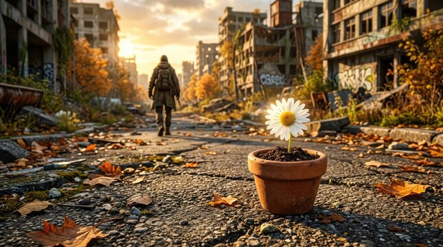 A lone figure walks towards a single blooming flower in a desolate, war-torn city, symbolizing hope and resilience amidst destruction