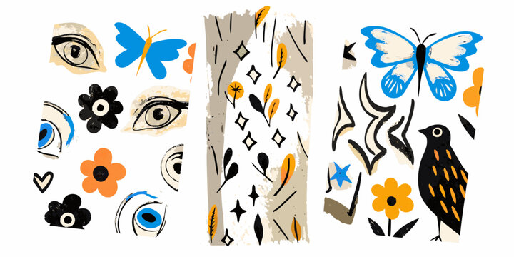 whimsical collage with eyes butterflies flowers and patterns