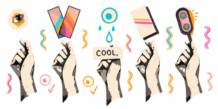 hands holding various objects colorful vector illustration