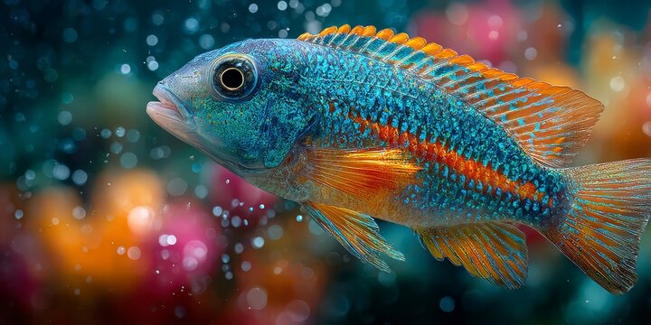 Vibrant blue and orange cichlid fish swimming gracefully in a bright tropical aquarium with soft bokeh bubbles and colorful underwater background lighting