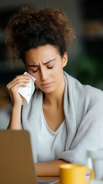 Young african female with tissue feeling unwell at home with laptop and coffee