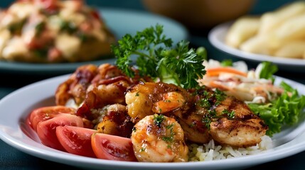 Fototapeta premium A vibrant close up of a gourmet meal featuring seasoned protein served with rice and fresh herbs on a plate