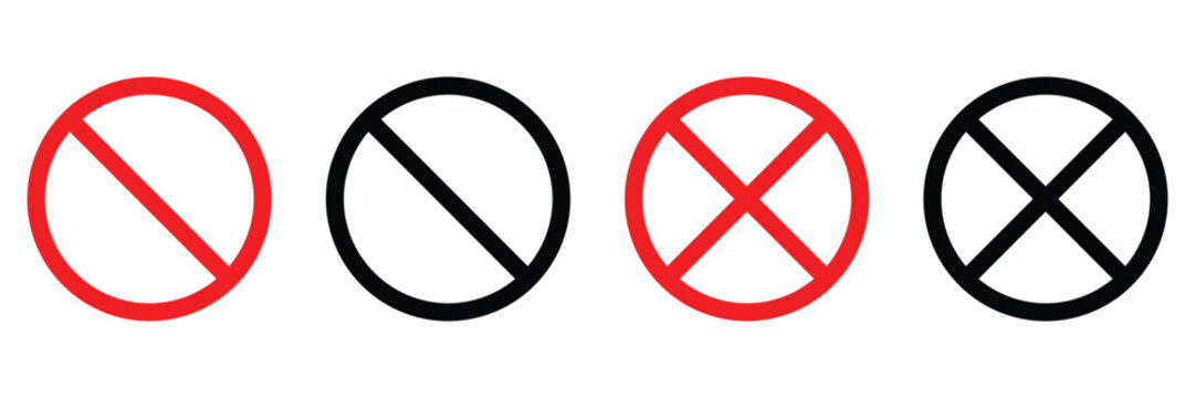 Prohibition sign vector icon pack featuring no entry warning and stop symbols in different
 black and red outline styles for UI design.