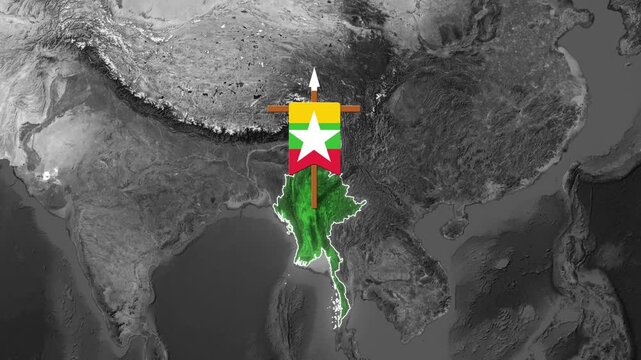 Myanmar national flag animated overlaying its geographic outline on a satellite map video clip