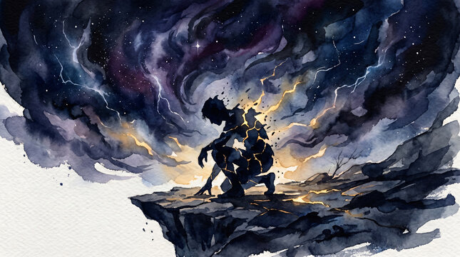 Broken Silhouette Beneath Cosmic Storm Symbolizing Dark Night Of The Soul And Transformation JPG