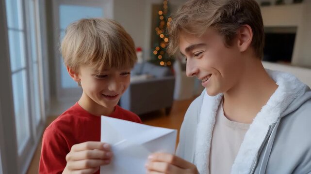 Young caucasian brothers smiling holding letter in festive living room