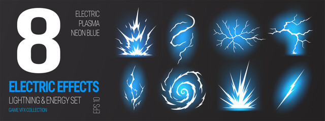 Effect blue bolt with anime thunder lightning and energy light neon. Electrician charge lightening with vector electric 2d and flash game spark. Thunder burst effect with anime comic white. © Rina Antipina