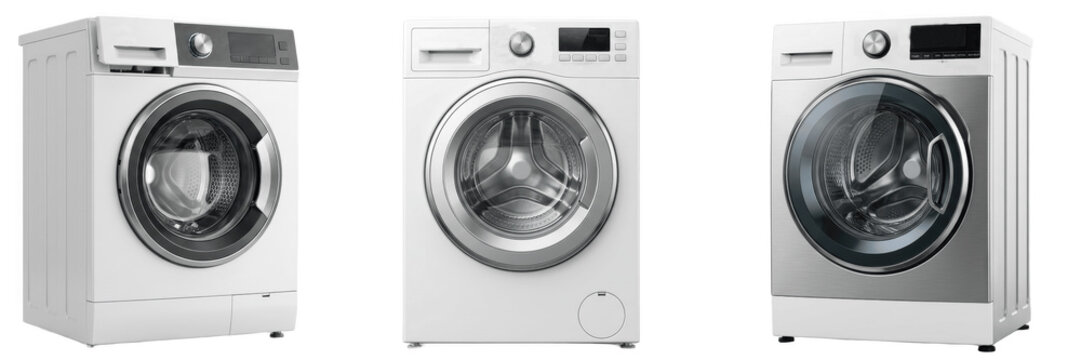 A Set of Three front load washing machines, modern white laundry appliances with chrome doors, household cleaning technology illustration pack, detailed PNG

