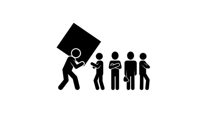 A pictogram illustration showing one person carrying a heavy box while others watch.