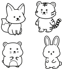 Fototapeta premium Cute animal friends doodle bundle featuring fox, tiger, hamster, and rabbit, hand-drawn black and white line art set isolated on transparent background