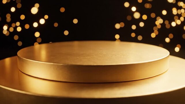 Golden circular podium display stand for luxurious product presentation against sparkling bokeh lights