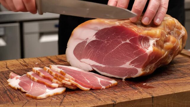 Chef slices a large piece of cured ham into thin, delicious slices for appetizers on a wooden cutting board
