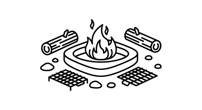 Minimalist line art illustration of a backyard fire pit with logs and grilling grates.