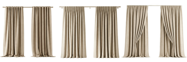 A Set of Three neutral beige curtains with soft folds, elegant window drapery panels for cozy living rooms and bedrooms, interior decor illustration PNG

