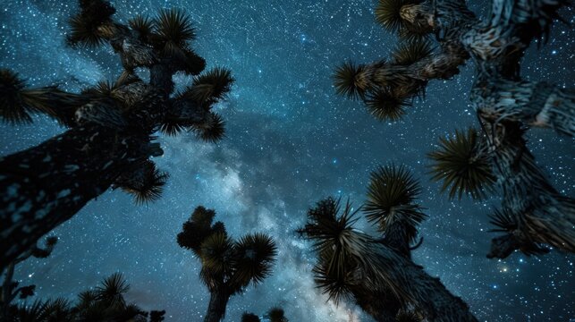 Ultrarealistic Canon EOS R5 photo of Joshua tree grove under starry Milky Way sky