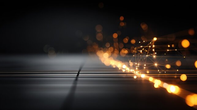 Brilliant golden data stream flows across a dark, reflective surface toward a digital network structure