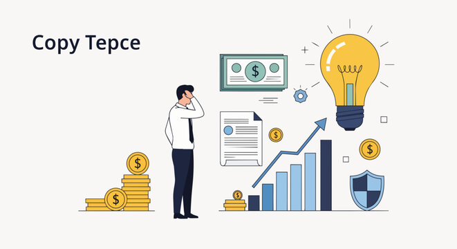 Confused businessman looking at stacks of coins and financial chart with lightbulb and shield icon, concept for business, finance and investment.