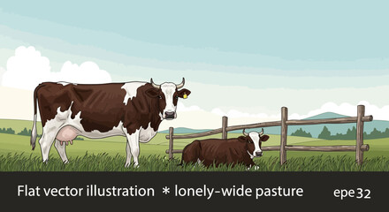 Two cows in a green pasture with a wooden fence and distant hills, flat illustration style. © Andi