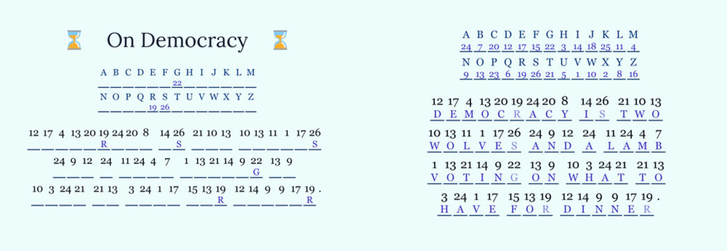 Text on democracy with coded message and timer background