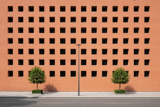 Modern brick facade featuring a repetitive grid of square windows and strong geometric symmetry.