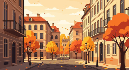 Autumn street scene with colorful trees and historic buildings, falling leaves © Andi