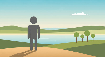 Lone figure stands on hill overlooking serene lake and rolling green landscape © Arana