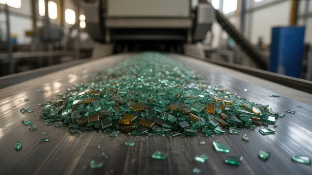Broken glass cullet on a factory conveyor belt for recycling