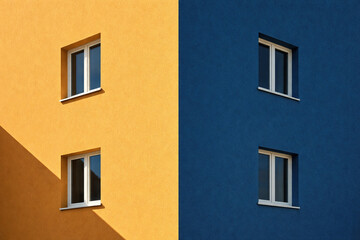 Obraz premium Abstract minimalist building facade combining blue and yellow walls with simple windows and strong geometric balance.