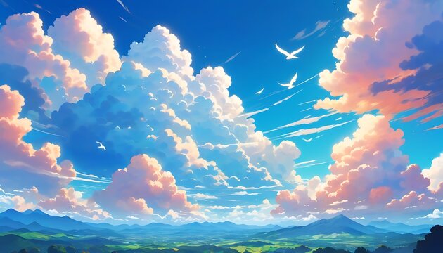 Beautiful bright blue sky with fluffy clouds in japanese anime style