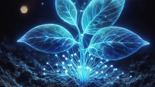 Glowing Blue Neural Network Roots Grow in Dark Cosmic Space with Moonlight Background