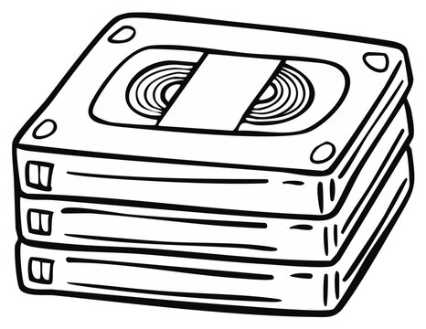 Stack of retro video cassettes black and white outline