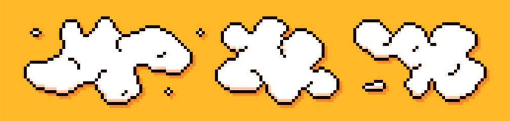 Fototapeta premium Three pixel game art white clouds on yellow background.