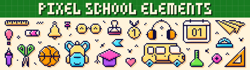 Obraz premium Collection with back to School pixel art color elements. Backpack, bell, glasses, headphones, calendar, school bus, paper airplane, basketball, flask, protractor, angle ruler, paper clip.