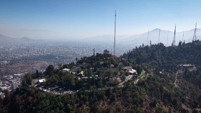 4K aerial drone footage of cerro San Cristobal peak in Santiago de Chile