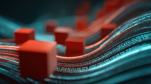 Illuminated digital streams flow around solid geometric shapes in a dark environment