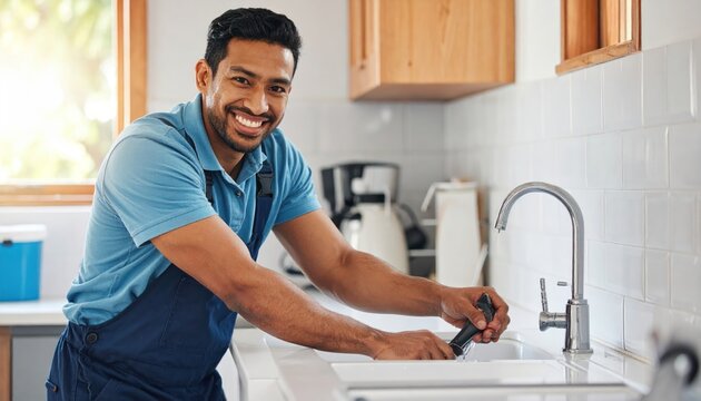 Smiling Plumber Fixing Kitchen Sink Faucet with Tools