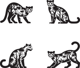 Fototapeta premium Four black silhouettes of a cougar or mountain lion with a decorative jungle palm tree pattern inside the body on white background